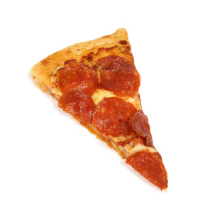 A delicious slick of pepperoni pizza over white background